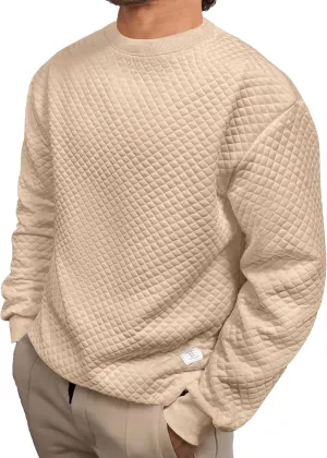 Men's Crewneck Sweatshirts Solid Color Diamond Grid Texture Long Sleeve Casual Basics Pullover Shirt