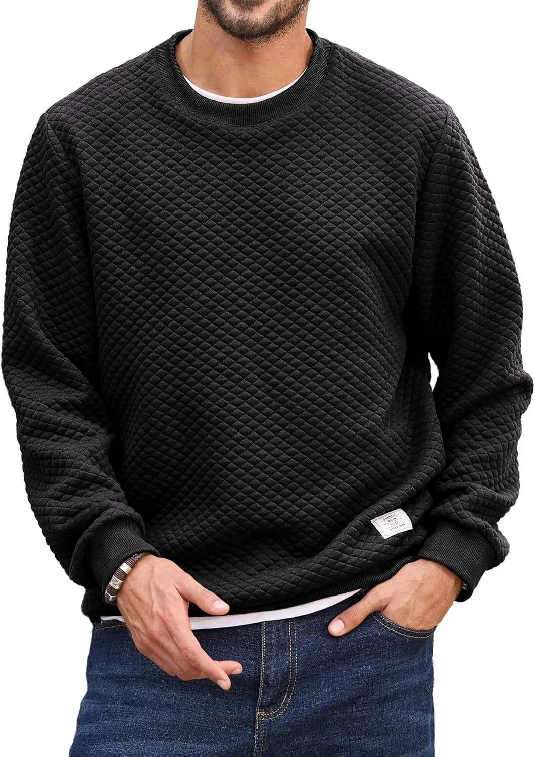 Men's Crewneck Sweatshirts Solid Color Diamond Grid Texture Long Sleeve Casual Basics Pullover Shirt