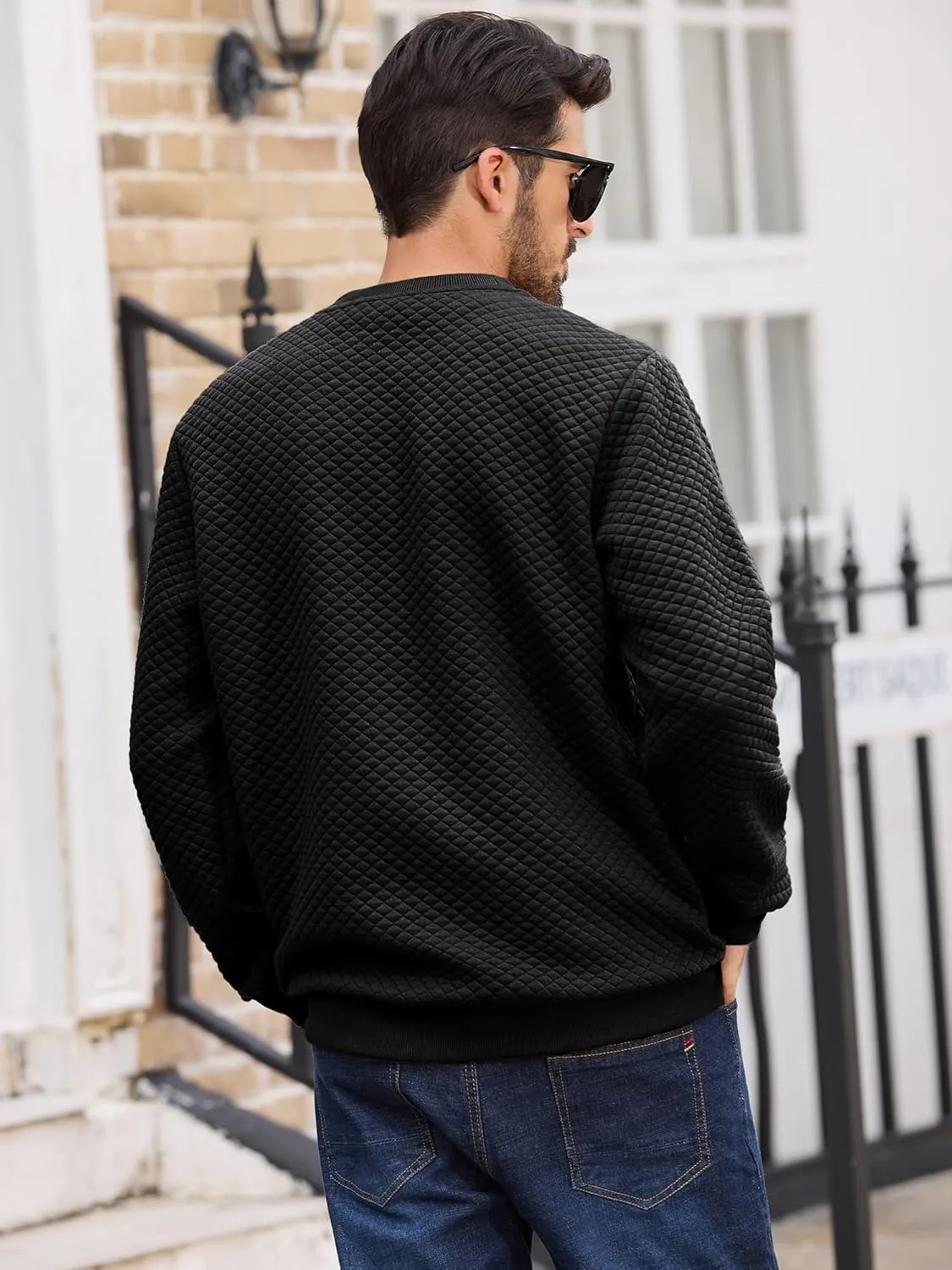 Men's Crewneck Sweatshirts Solid Color Diamond Grid Texture Long Sleeve Casual Basics Pullover Shirt