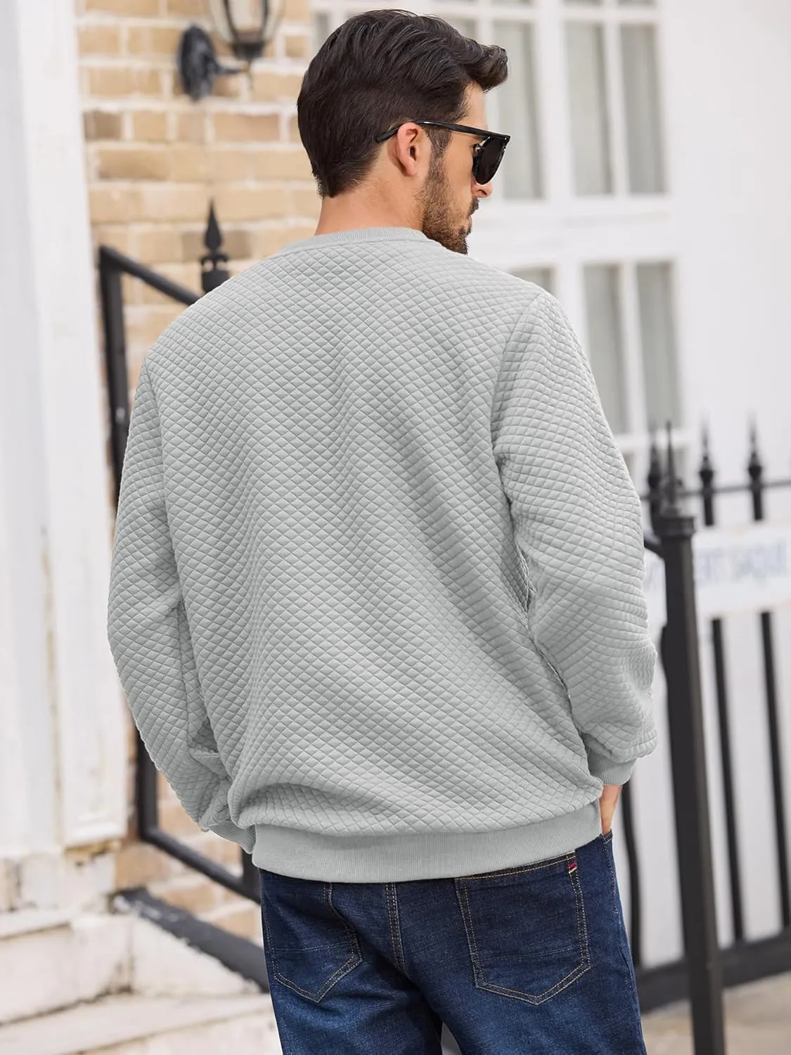 Men's Crewneck Sweatshirts Solid Color Diamond Grid Texture Long Sleeve Casual Basics Pullover Shirt