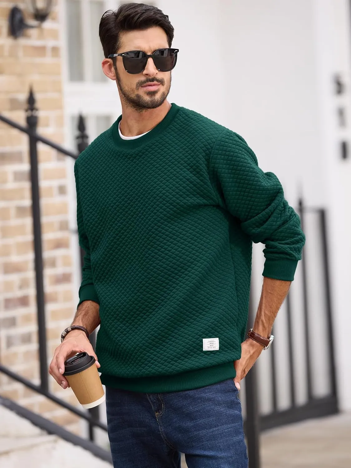 Men's Crewneck Sweatshirts Solid Color Diamond Grid Texture Long Sleeve Casual Basics Pullover Shirt