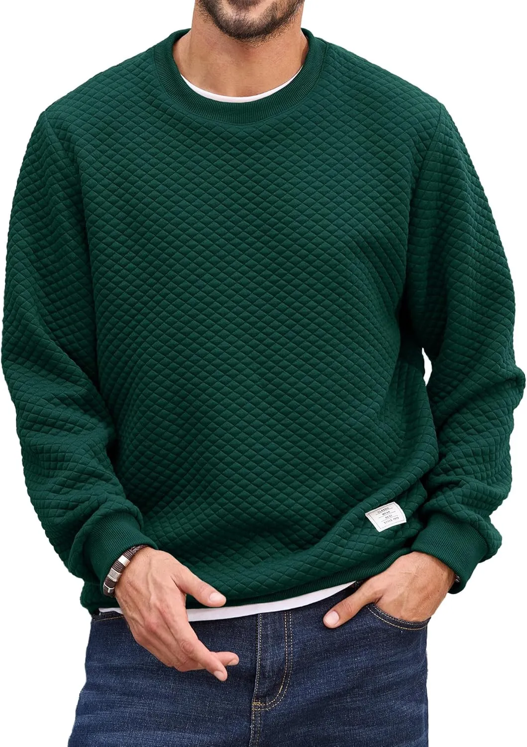 Men's Crewneck Sweatshirts Solid Color Diamond Grid Texture Long Sleeve Casual Basics Pullover Shirt