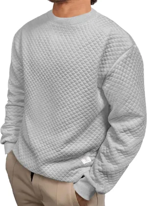 Men's Crewneck Sweatshirts Solid Color Diamond Grid Texture Long Sleeve Casual Basics Pullover Shirt