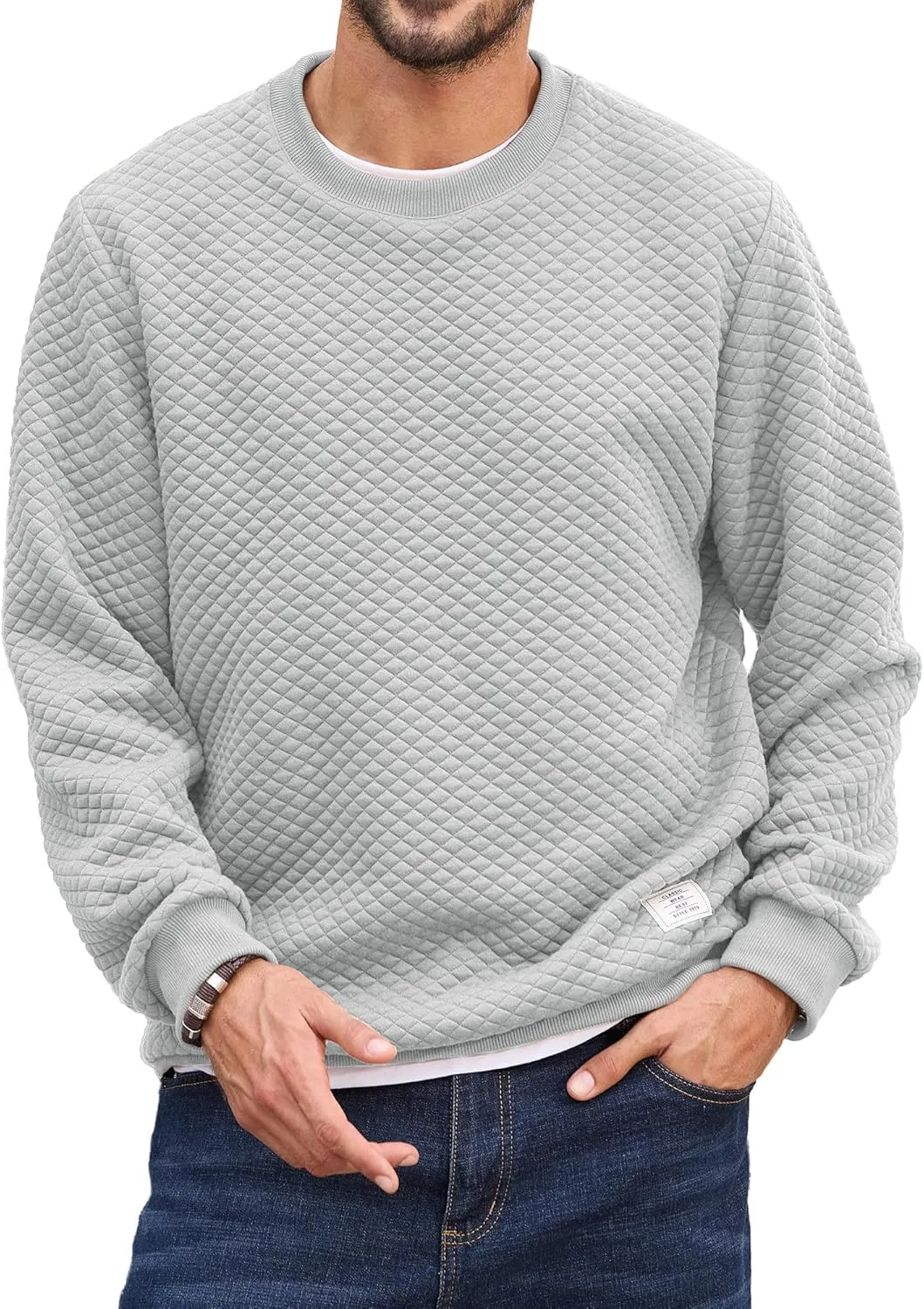 Men's Crewneck Sweatshirts Solid Color Diamond Grid Texture Long Sleeve Casual Basics Pullover Shirt