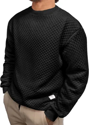 Men's Crewneck Sweatshirts Solid Color Diamond Grid Texture Long Sleeve Casual Basics Pullover Shirt