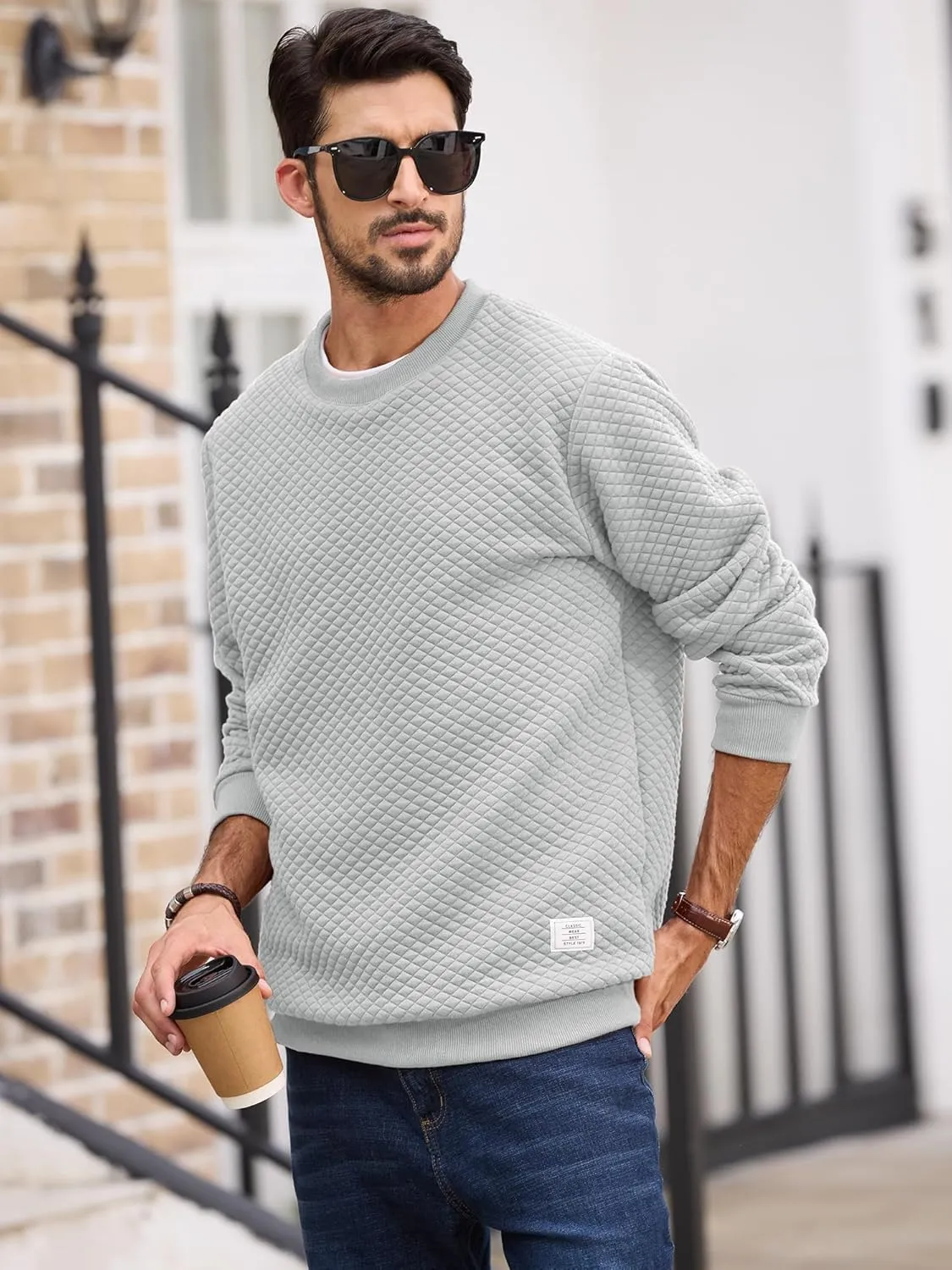 Men's Crewneck Sweatshirts Solid Color Diamond Grid Texture Long Sleeve Casual Basics Pullover Shirt