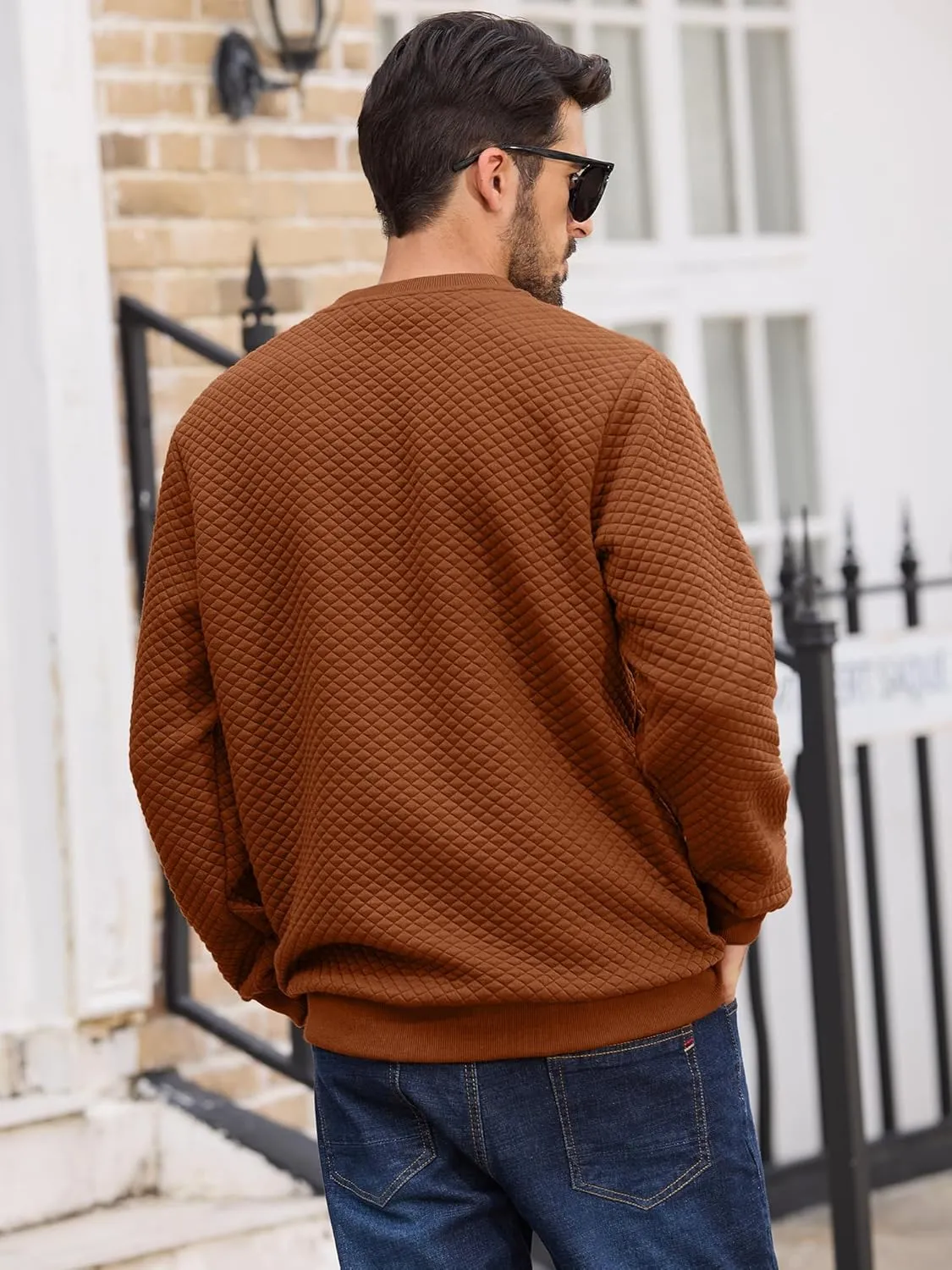 Men's Crewneck Sweatshirts Solid Color Diamond Grid Texture Long Sleeve Casual Basics Pullover Shirt