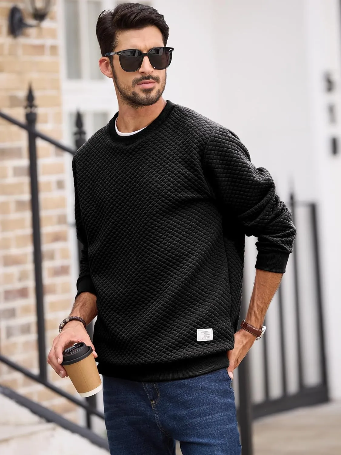 Men's Crewneck Sweatshirts Solid Color Diamond Grid Texture Long Sleeve Casual Basics Pullover Shirt