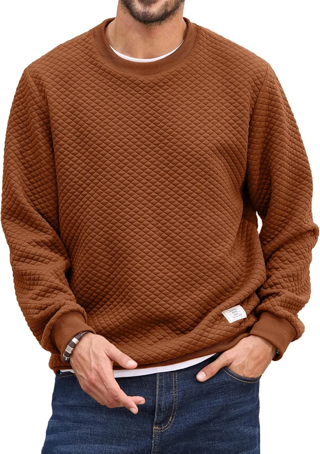 Men's Crewneck Sweatshirts Solid Color Diamond Grid Texture Long Sleeve Casual Basics Pullover Shirt