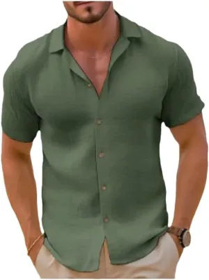 Men's Linen Short Sleeved T-Shirt Loose Sportswear Solid Color Cotton Linen Shirt Beach Short Sleeved Shirt