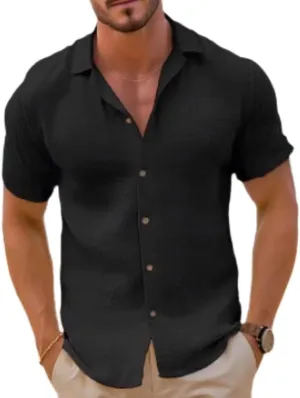 Men's Linen Short Sleeved T-Shirt Loose Sportswear Solid Color Cotton Linen Shirt Beach Short Sleeved Shirt