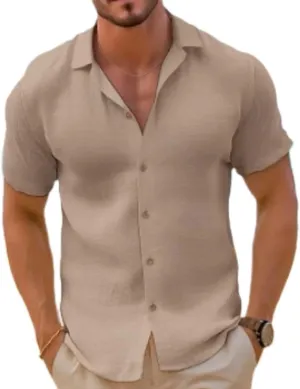 Men's Linen Short Sleeved T-Shirt Loose Sportswear Solid Color Cotton Linen Shirt Beach Short Sleeved Shirt