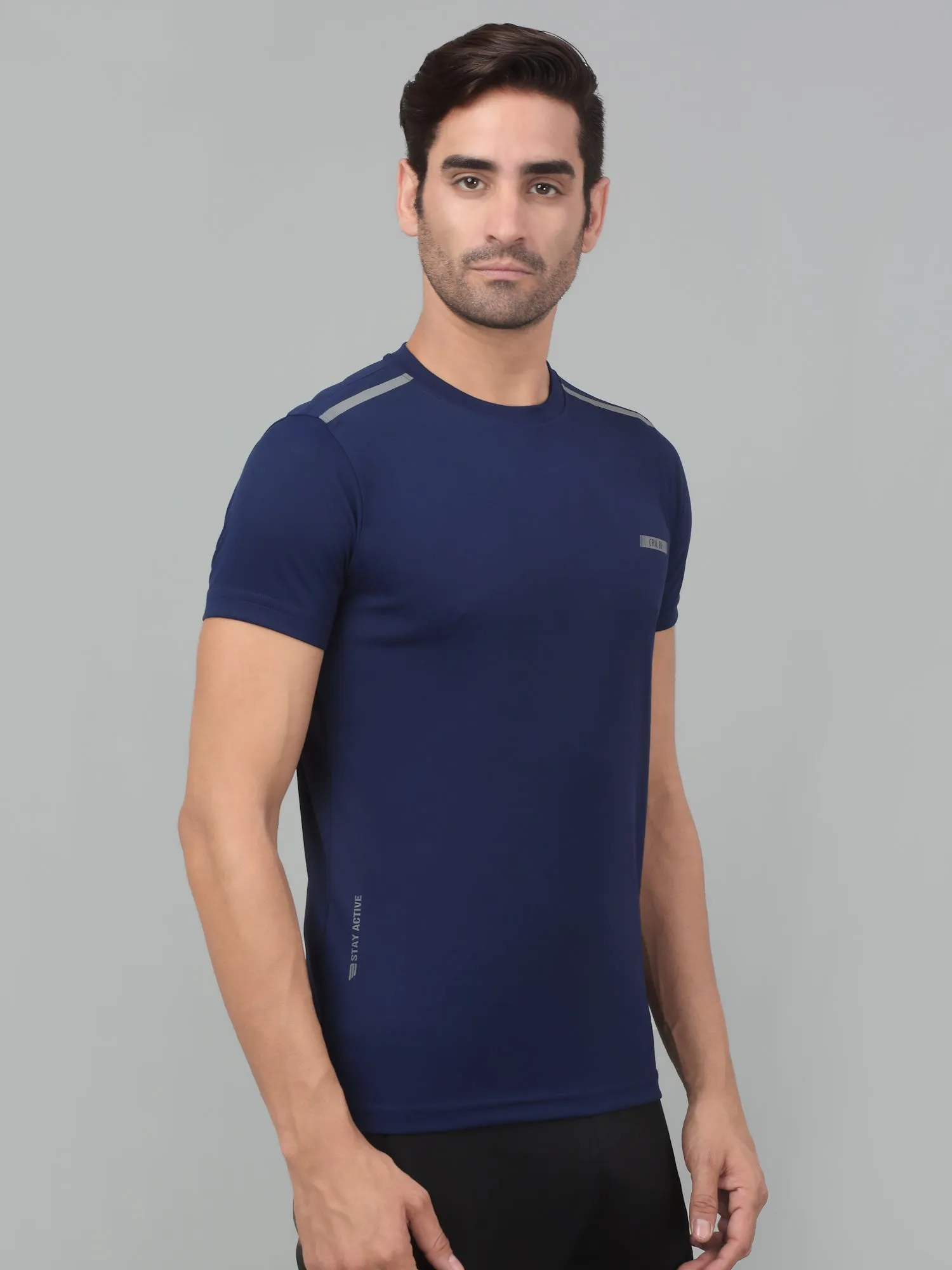 Men's Navy Blue Round neck Half Sleeve T-Shirt with reflective prints
