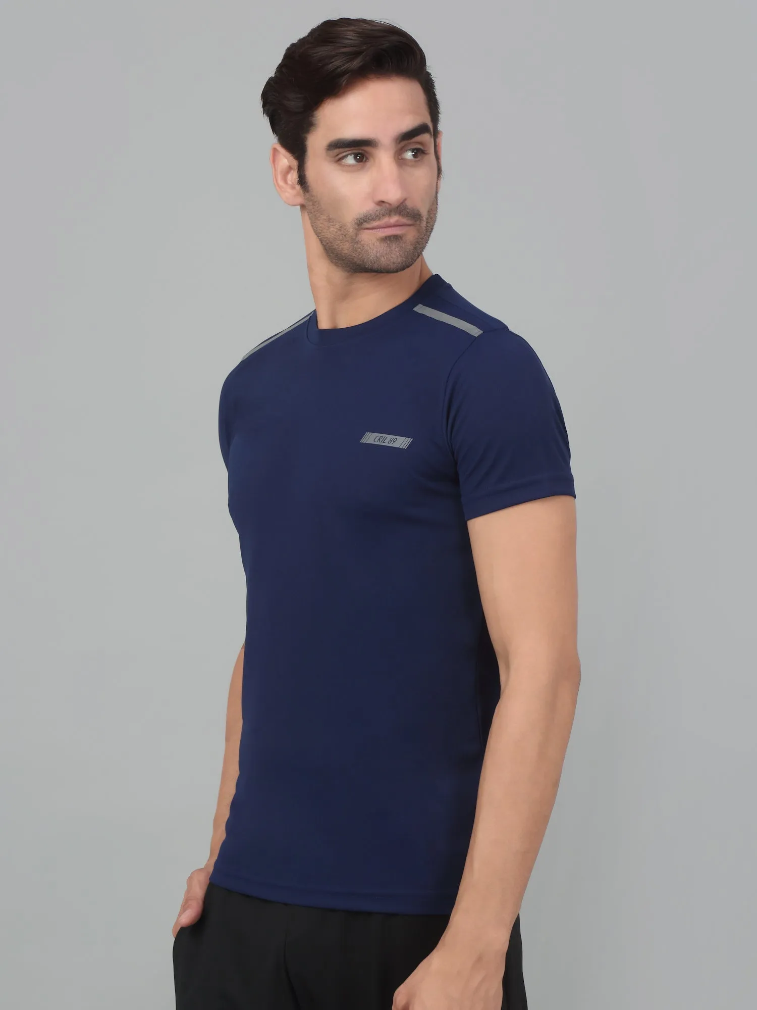 Men's Navy Blue Round neck Half Sleeve T-Shirt with reflective prints