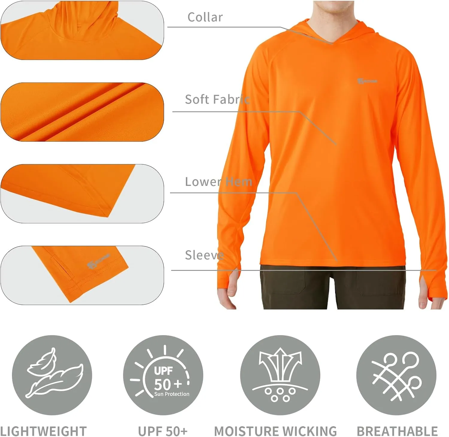 Mens UPF 50  Hoodie Rash Guard Shirt Long Sleeve with Thumb Holes Moisture Wicking Quick Dry Fishing Running Hiking