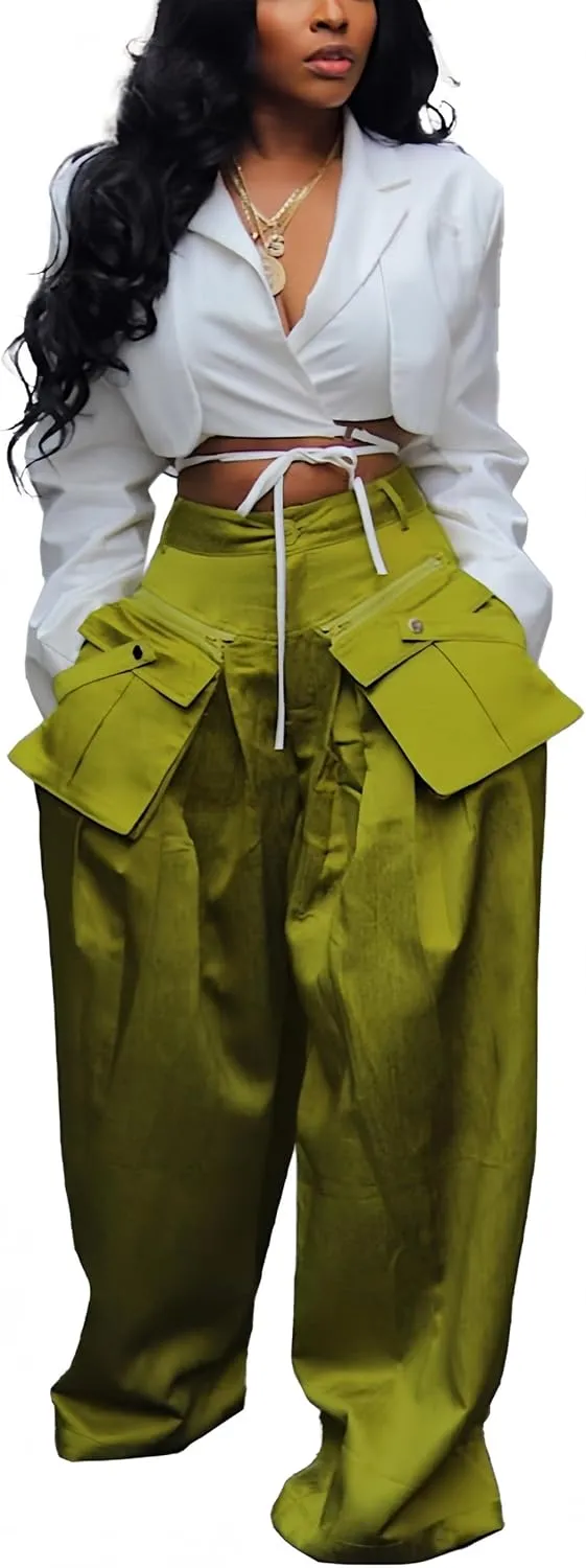 Mid Rise Wide Leg Cargo Pants for Women Baggy Trousers with Detachable Pockets Streetwear