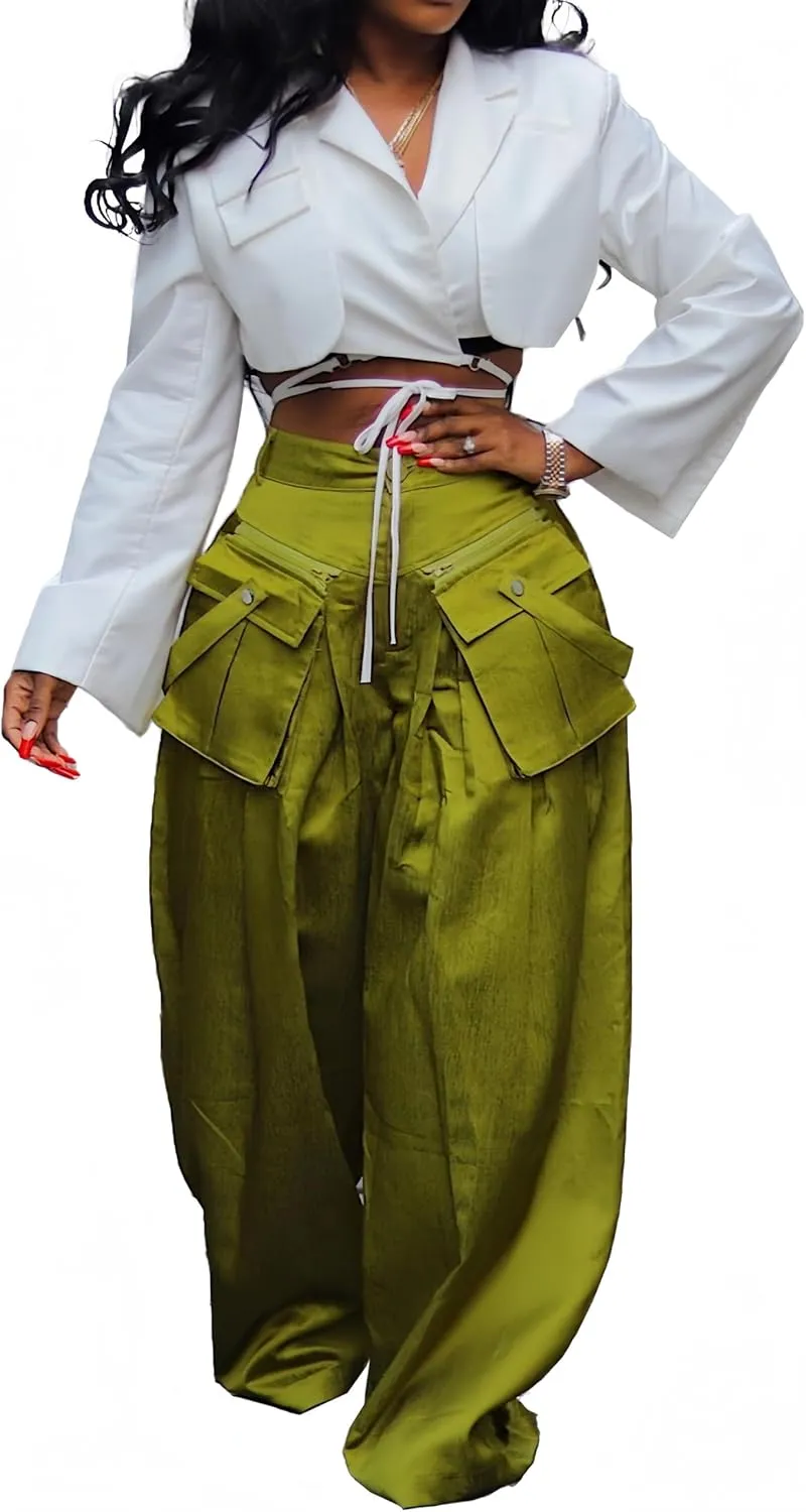 Mid Rise Wide Leg Cargo Pants for Women Baggy Trousers with Detachable Pockets Streetwear