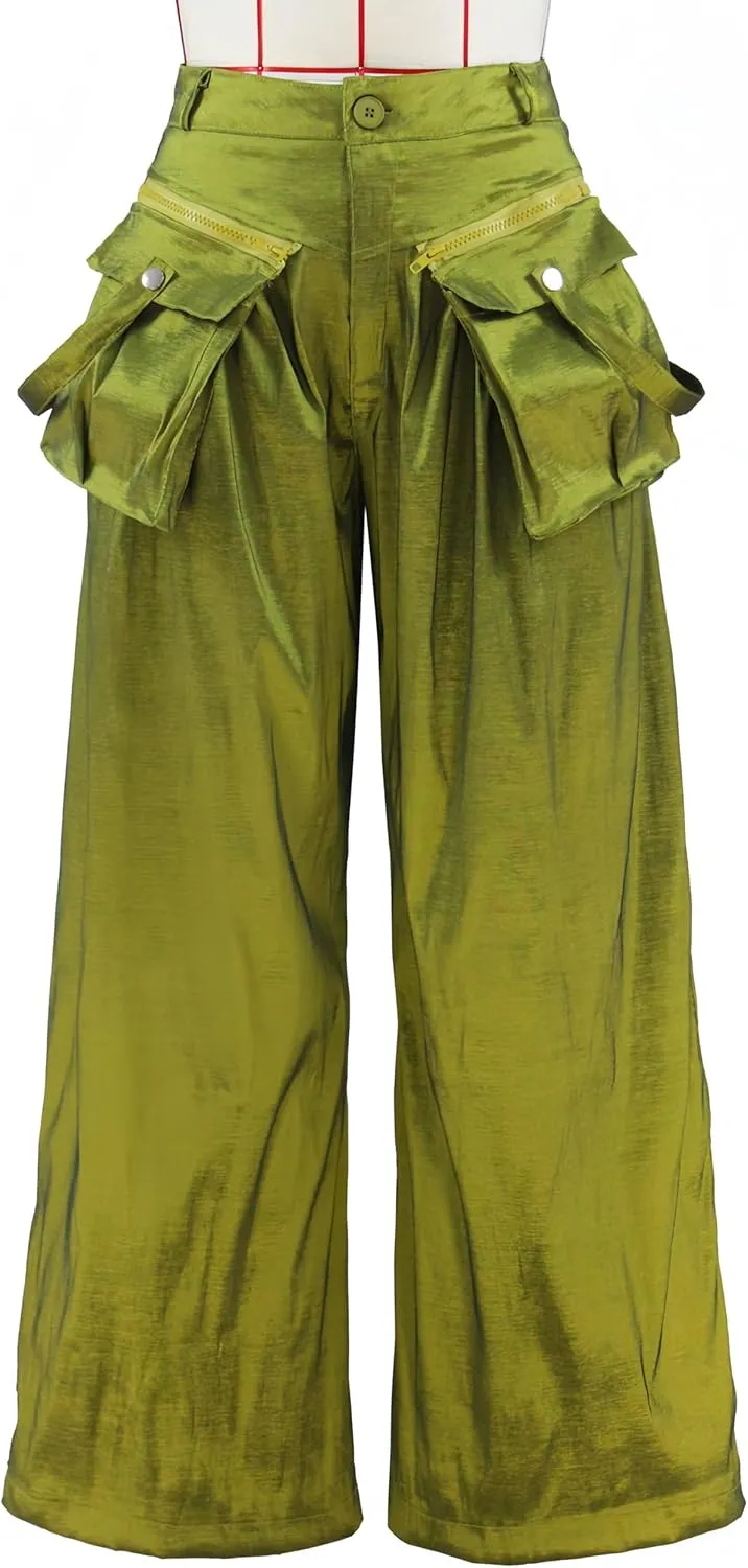 Mid Rise Wide Leg Cargo Pants for Women Baggy Trousers with Detachable Pockets Streetwear