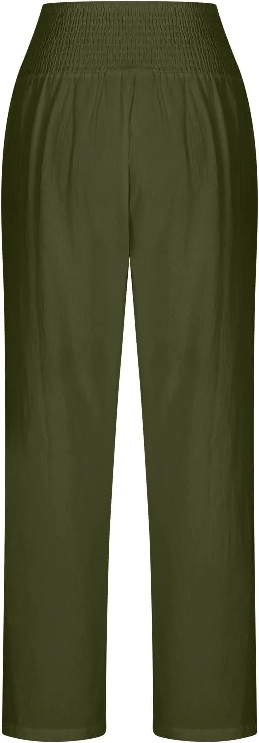 Miyaomn Casual Baggy Linen Pants for Women Smocked Elastic Waist Loose Palazzo Pants Summer Beach Lounge Trousers with Pocket