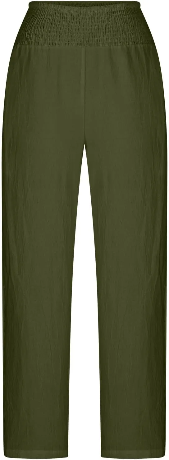 Miyaomn Casual Baggy Linen Pants for Women Smocked Elastic Waist Loose Palazzo Pants Summer Beach Lounge Trousers with Pocket
