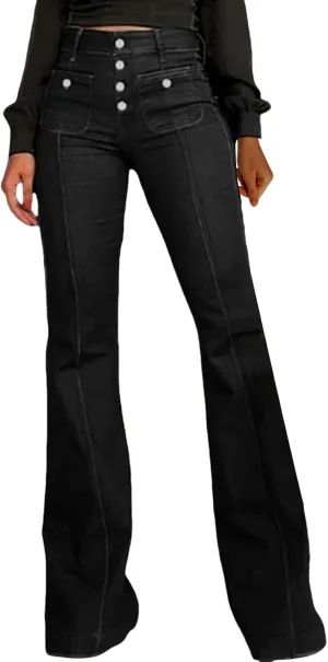 Miyaomn Casual Flared Bell Bottom Jeans for Women Button-Fly High Waisted Denim Pants Stretch Wide Leg Bootcut Jean Trousers