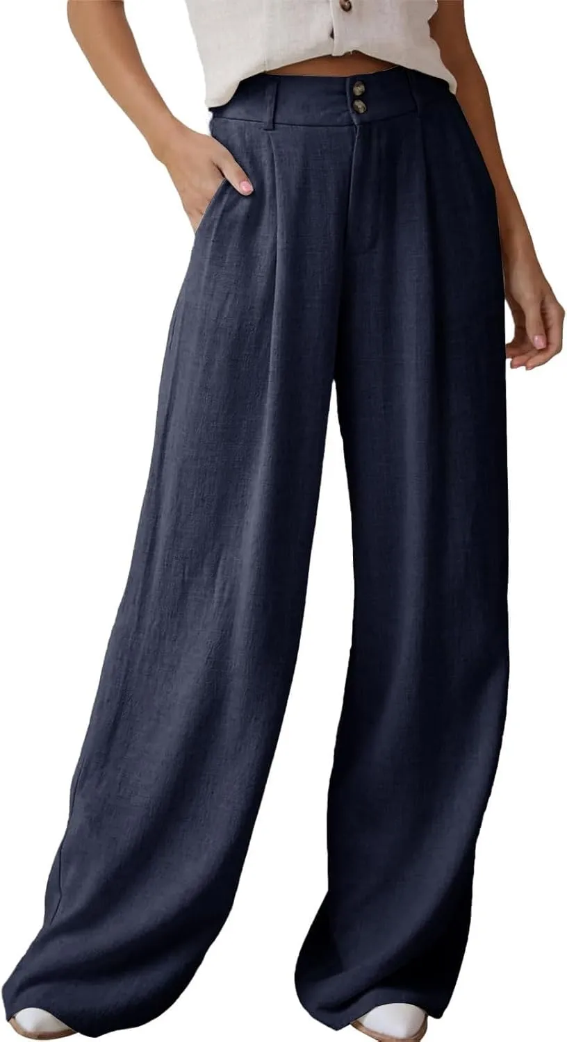 Miyaomn Linen Pants for Women High Waisted Casual Loose Wide Leg Palazzo Pants Summer Travel Beach Dress Trousers with Pocket