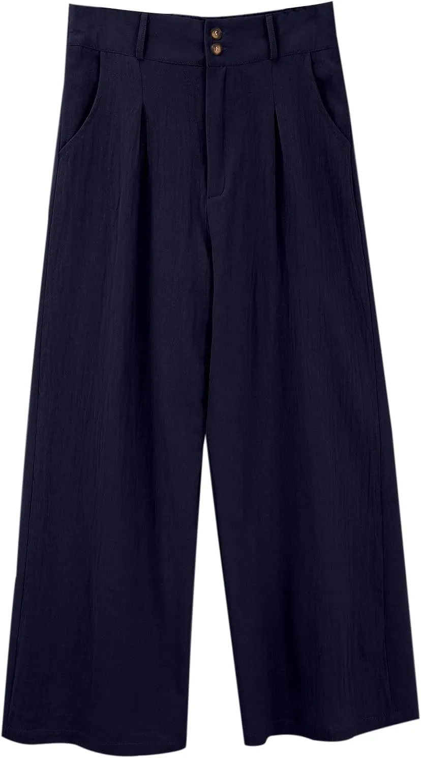 Miyaomn Linen Pants for Women High Waisted Casual Loose Wide Leg Palazzo Pants Summer Travel Beach Dress Trousers with Pocket