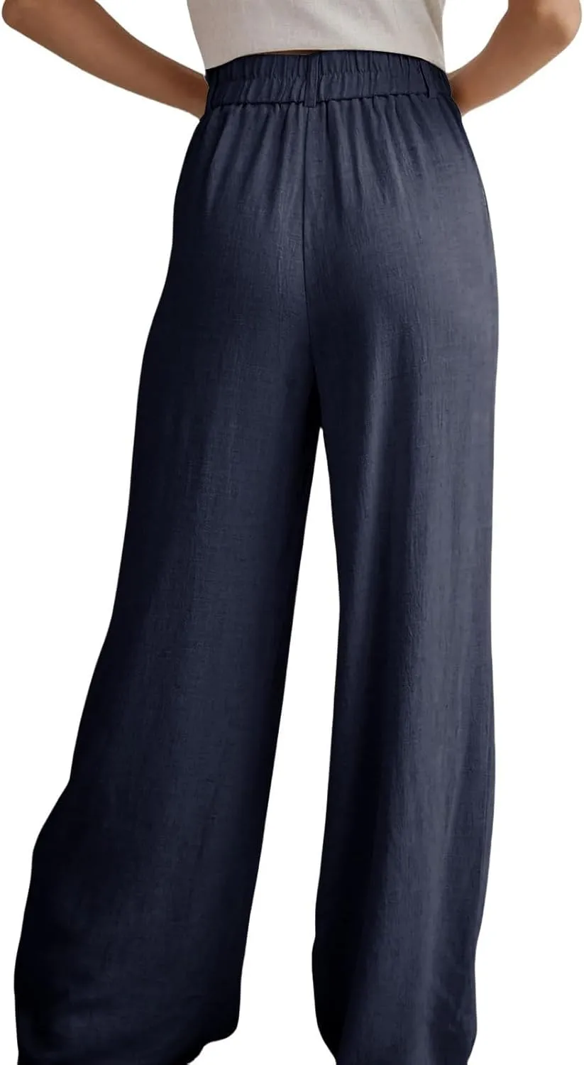 Miyaomn Linen Pants for Women High Waisted Casual Loose Wide Leg Palazzo Pants Summer Travel Beach Dress Trousers with Pocket