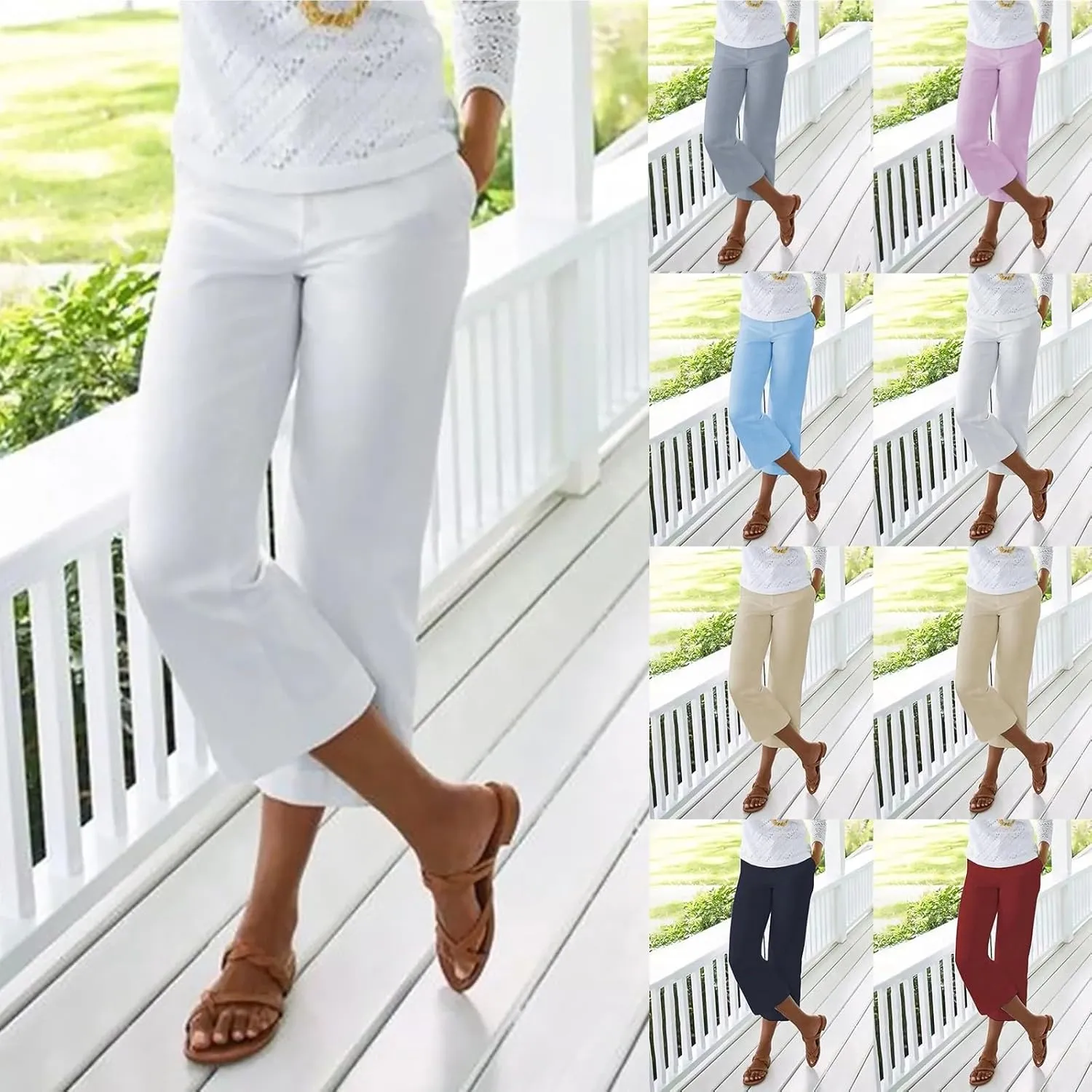 Miyaomn Linen Pants for Women Summer Casual Wide Leg Capri Pants Elastic Waist Slim Fit Cropped Lounge Trousers with Pockets