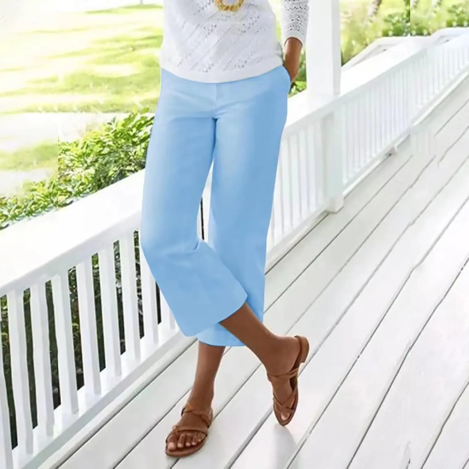 Miyaomn Linen Pants for Women Summer Casual Wide Leg Capri Pants Elastic Waist Slim Fit Cropped Lounge Trousers with Pockets