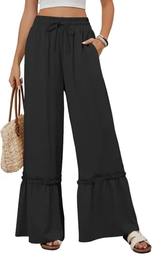 Miyaomn Women's High Waisted Flowy Palazzo Pants Wide Leg Drawstring Beach Trousers Dressy Lace Tiered Ruffled Summer Outfits