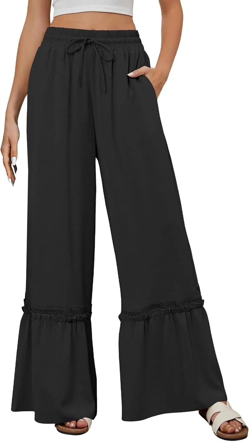 Miyaomn Women's High Waisted Flowy Palazzo Pants Wide Leg Drawstring Beach Trousers Dressy Lace Tiered Ruffled Summer Outfits