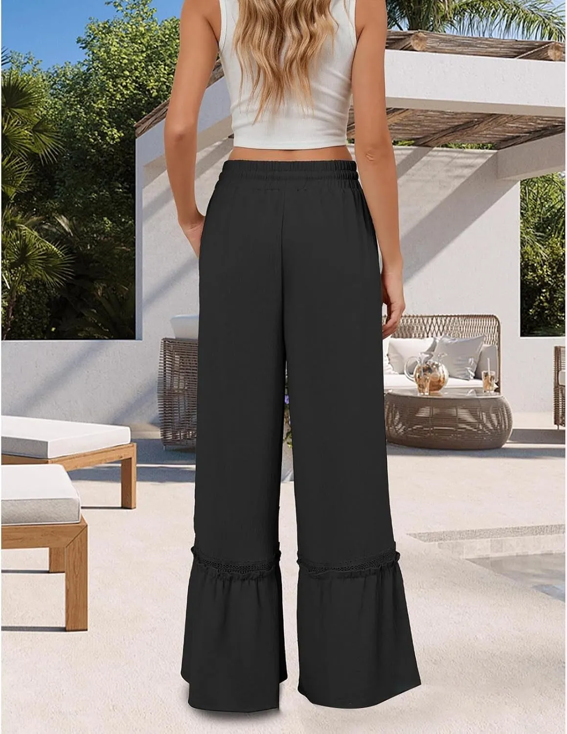 Miyaomn Women's High Waisted Flowy Palazzo Pants Wide Leg Drawstring Beach Trousers Dressy Lace Tiered Ruffled Summer Outfits