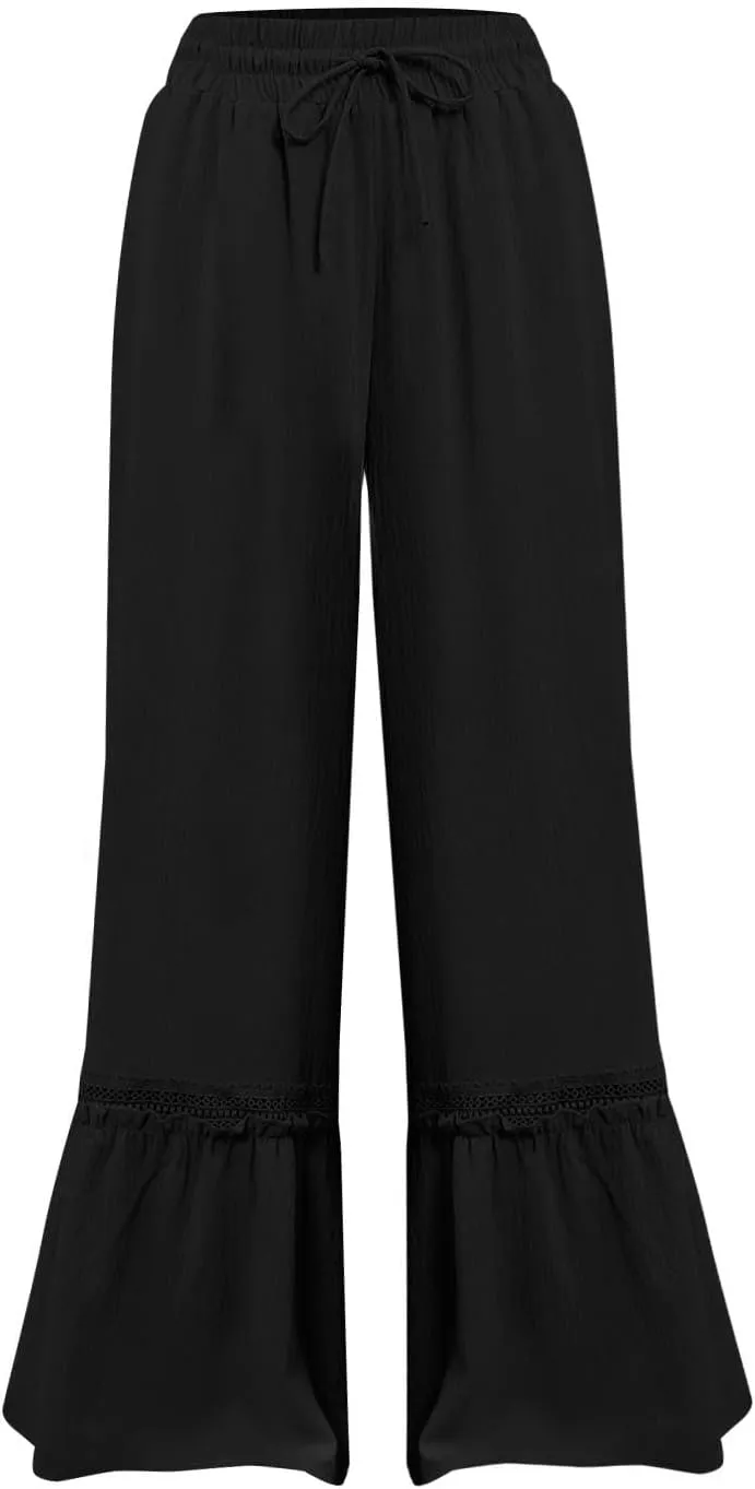 Miyaomn Women's High Waisted Flowy Palazzo Pants Wide Leg Drawstring Beach Trousers Dressy Lace Tiered Ruffled Summer Outfits