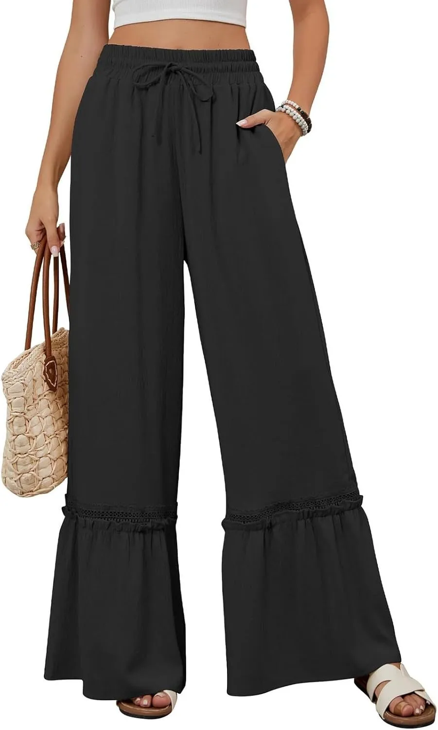 Miyaomn Women's High Waisted Flowy Palazzo Pants Wide Leg Drawstring Beach Trousers Dressy Lace Tiered Ruffled Summer Outfits