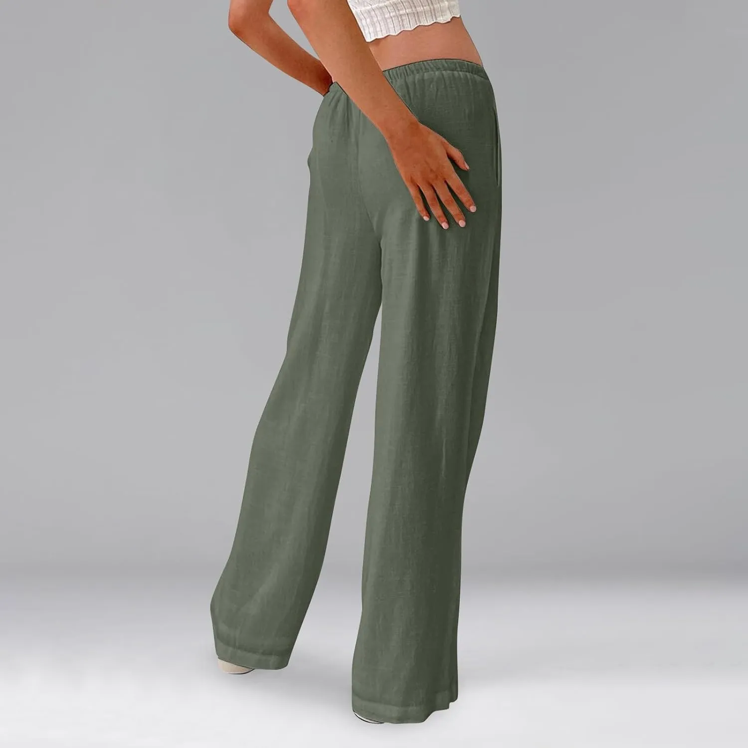 Miyaomn Women's Linen Pants for Summer High Waisted Drawstring Wide Leg Palazzo Pants Casual Boho Beach Trousers with Pockets