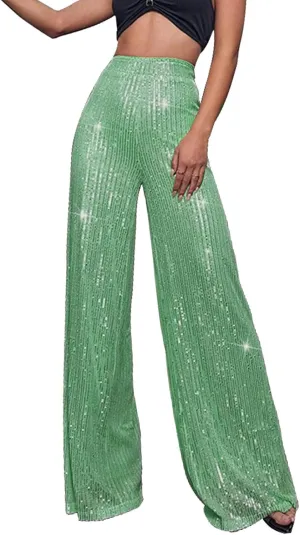 Miyaomn Women's Sparkle Sequin Palazzo Pants Wide Leg High Waisted Bling Glitter Pants Fashion Party Dance Nightclub Trousers