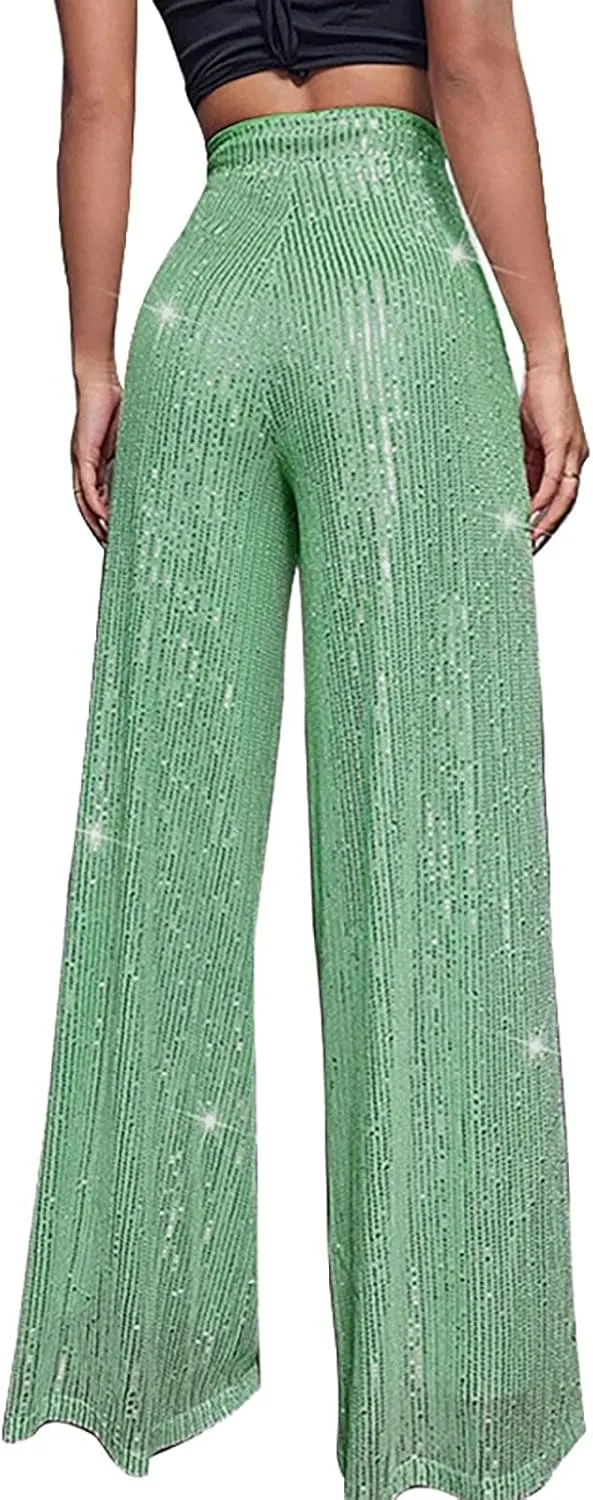 Miyaomn Women's Sparkle Sequin Palazzo Pants Wide Leg High Waisted Bling Glitter Pants Fashion Party Dance Nightclub Trousers