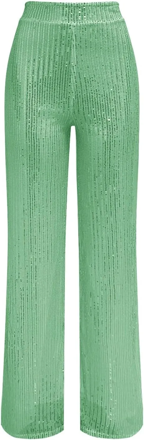 Miyaomn Women's Sparkle Sequin Palazzo Pants Wide Leg High Waisted Bling Glitter Pants Fashion Party Dance Nightclub Trousers