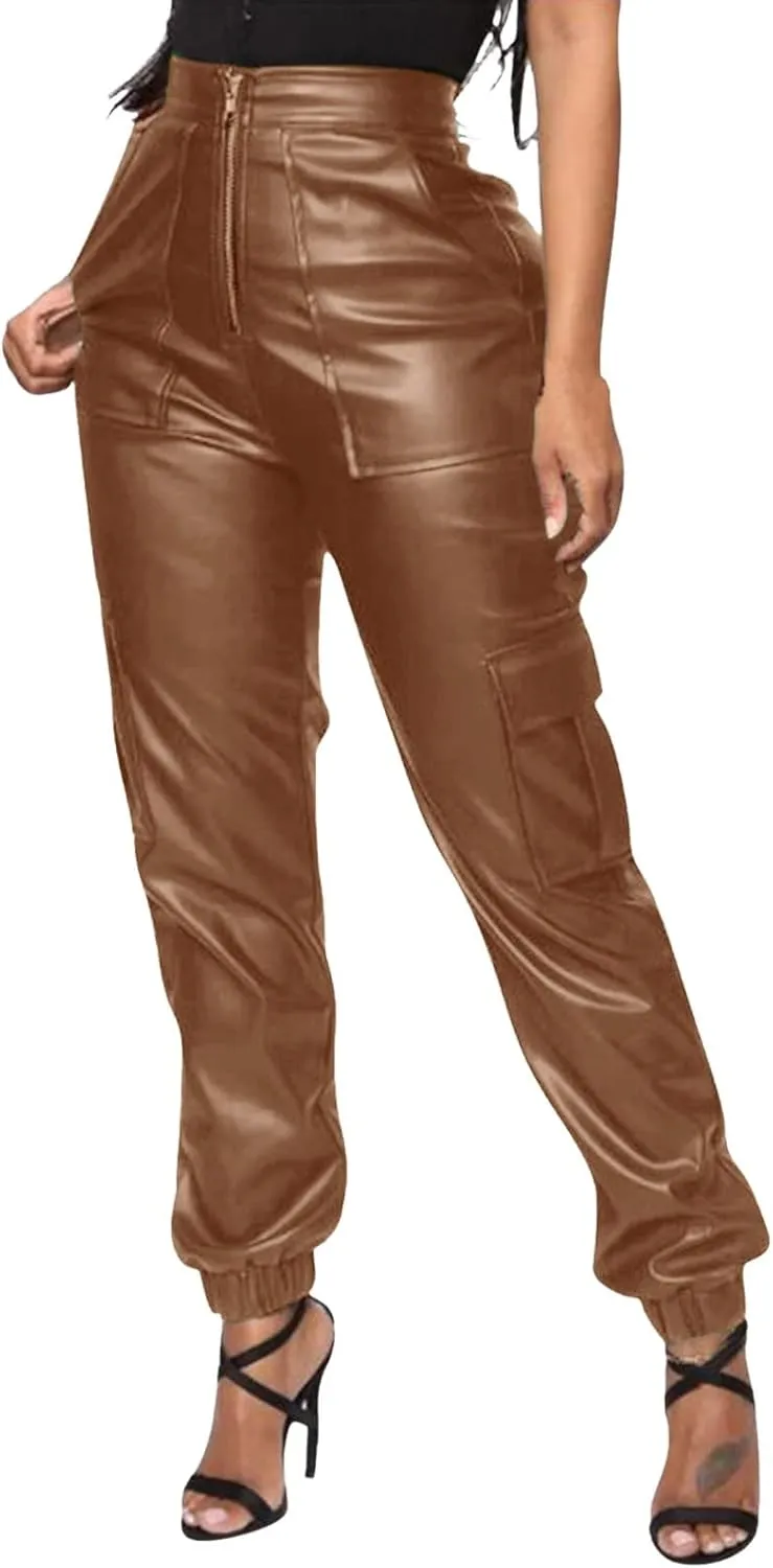 Miyaomn Womens Stretch Faux Leather Pants High Waisted Cuffed Ankle PU Leather Trousers Baggy Jogger Cargo Pants with Pockets
