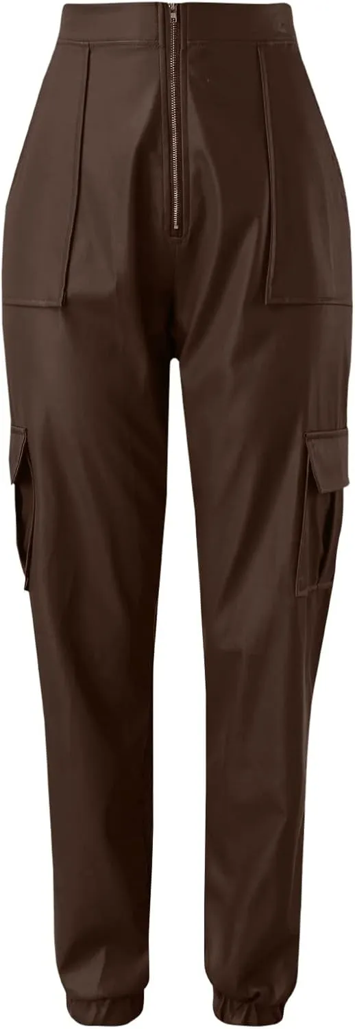 Miyaomn Womens Stretch Faux Leather Pants High Waisted Cuffed Ankle PU Leather Trousers Baggy Jogger Cargo Pants with Pockets