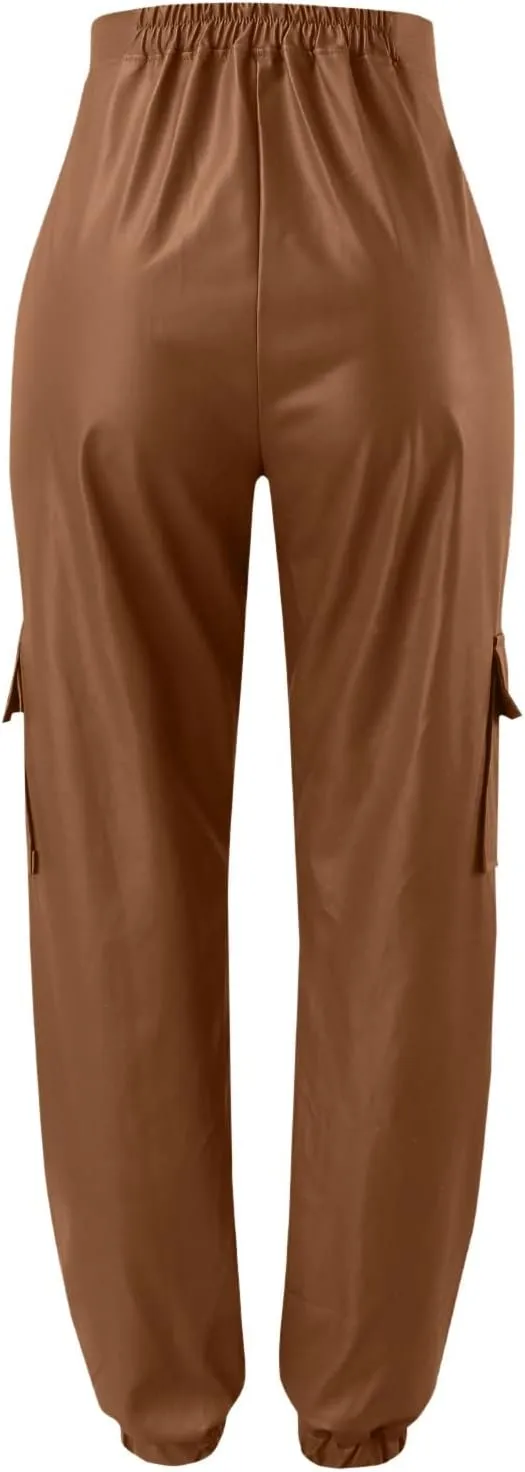 Miyaomn Womens Stretch Faux Leather Pants High Waisted Cuffed Ankle PU Leather Trousers Baggy Jogger Cargo Pants with Pockets