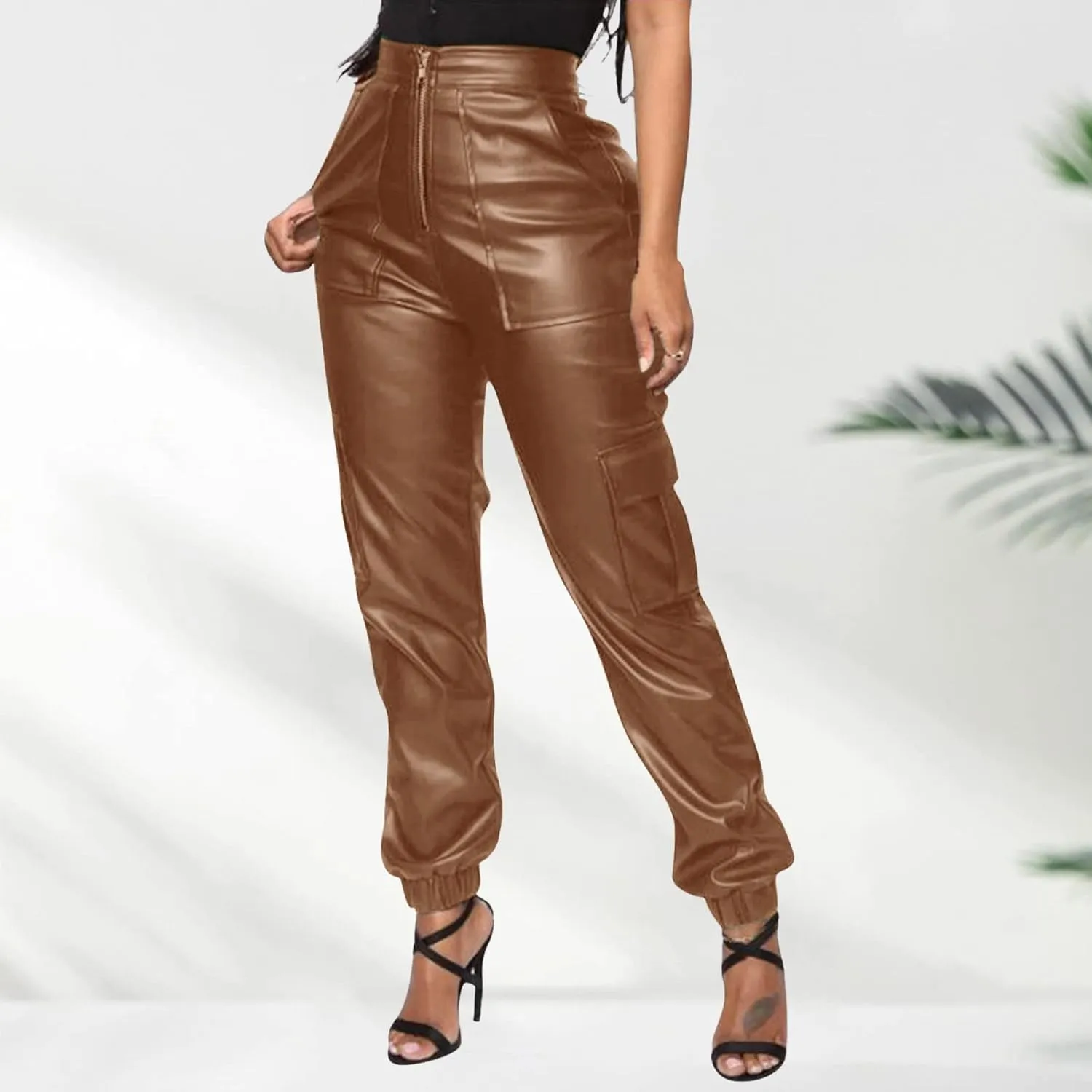 Miyaomn Womens Stretch Faux Leather Pants High Waisted Cuffed Ankle PU Leather Trousers Baggy Jogger Cargo Pants with Pockets