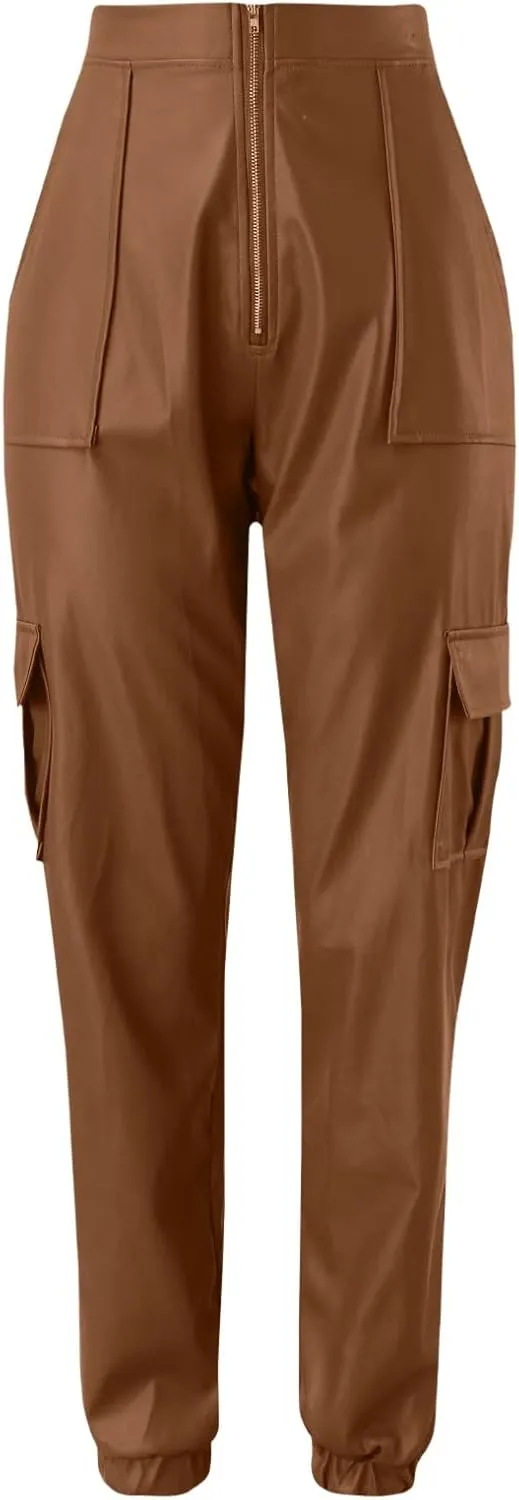Miyaomn Womens Stretch Faux Leather Pants High Waisted Cuffed Ankle PU Leather Trousers Baggy Jogger Cargo Pants with Pockets