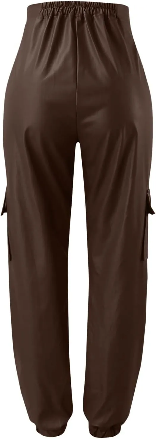 Miyaomn Womens Stretch Faux Leather Pants High Waisted Cuffed Ankle PU Leather Trousers Baggy Jogger Cargo Pants with Pockets