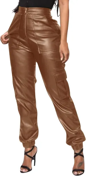 Miyaomn Womens Stretch Faux Leather Pants High Waisted Cuffed Ankle PU Leather Trousers Baggy Jogger Cargo Pants with Pockets