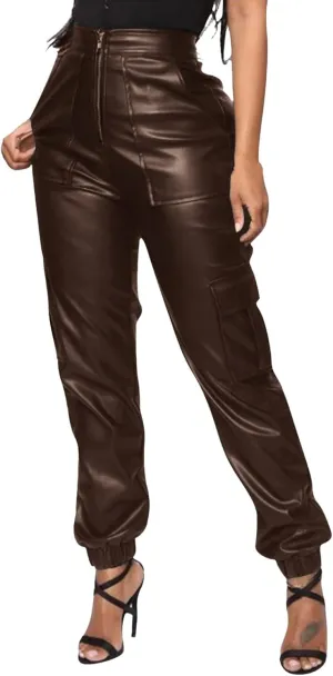 Miyaomn Womens Stretch Faux Leather Pants High Waisted Cuffed Ankle PU Leather Trousers Baggy Jogger Cargo Pants with Pockets