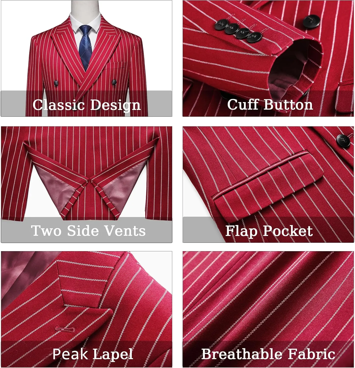 MOGU Mens Double Breasted Pinstripe Suit - 2 Piece Slim Fit Vintage Tuxedo for Groomsmen, Wedding, Prom