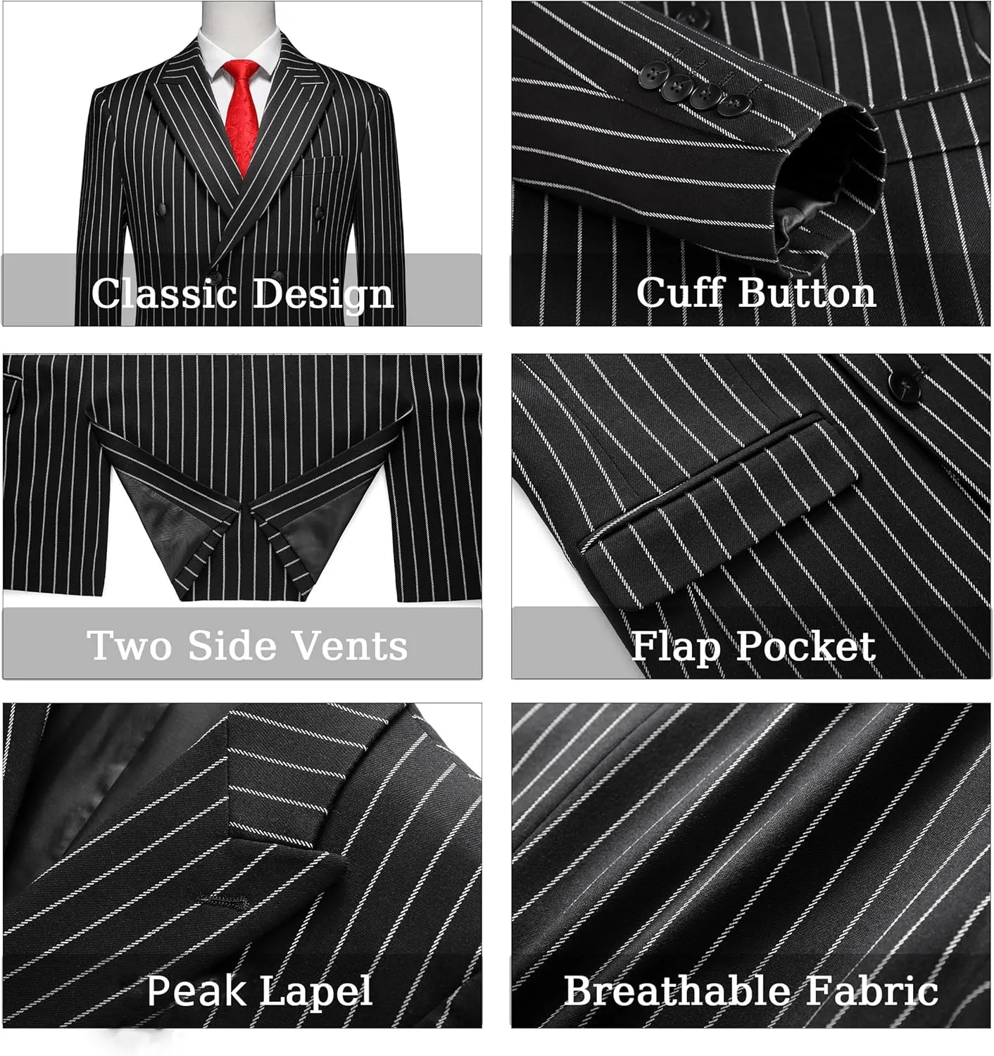 MOGU Mens Double Breasted Pinstripe Suit - 2 Piece Slim Fit Vintage Tuxedo for Groomsmen, Wedding, Prom