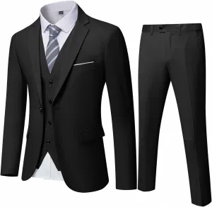 MYS Men's Blazer Vest Pants Set, Solid Party Wedding Dress, One Button Jacket Waistcoat and Trousers, 3 Piece Slim Fit Suit with Tie Black